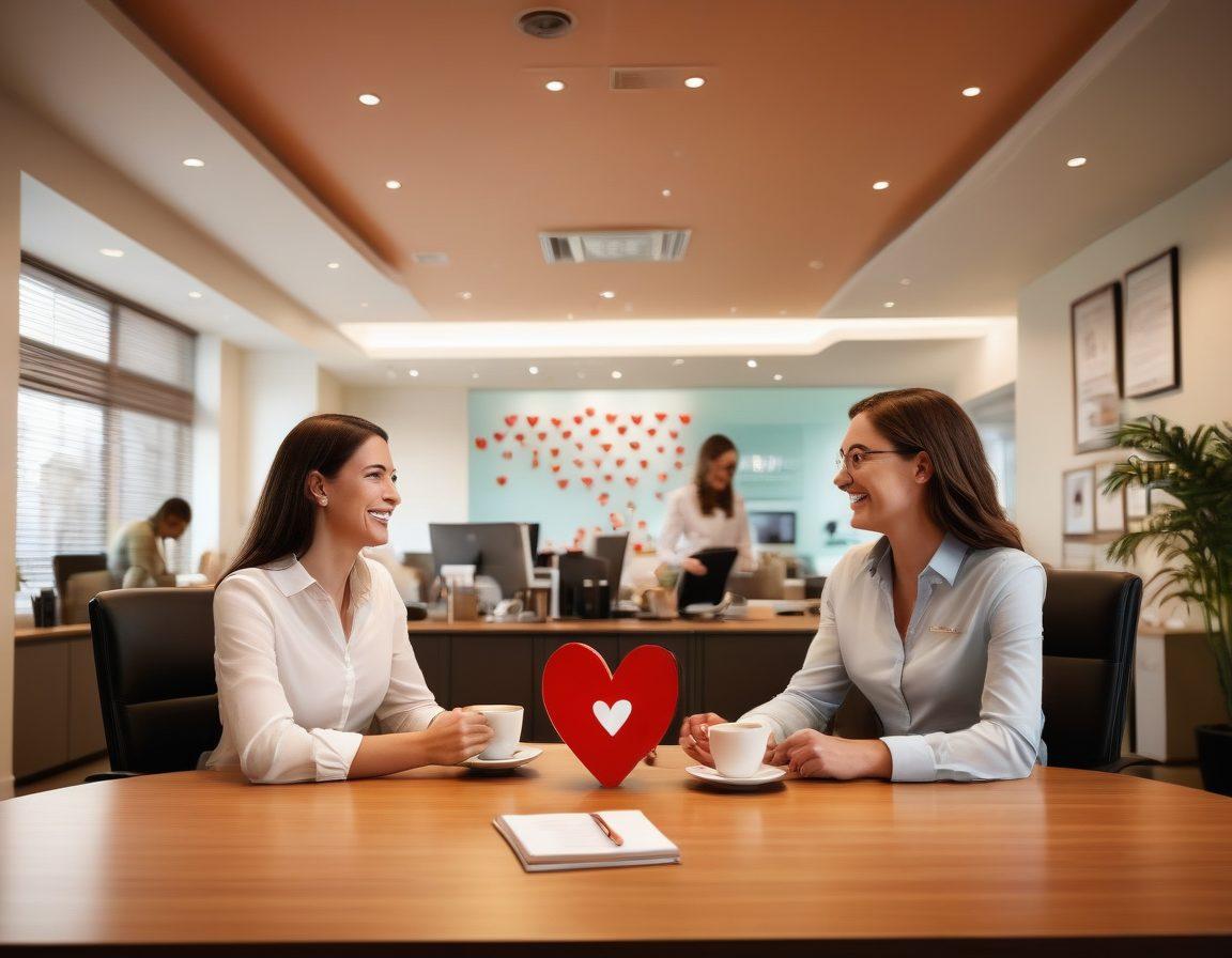 A vibrant office setting where an employee is joyfully connecting with a colleague over coffee, surrounded by floating hearts and subtle career-related symbols like briefcases and job postings. The atmosphere is warm and inviting, symbolizing the blend of professional growth and personal relationships. Bright and uplifting color palette. super-realistic. vibrant colors.