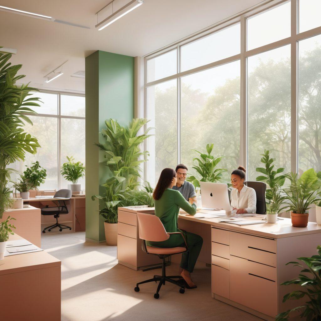 An illustration depicting two colleagues smiling at each other in a modern office setting, surrounded by job listings and heart symbols subtly integrated into the documents. Natural light streaming in through large windows, with vibrant plants in the background. A diverse workplace environment showcasing unity and connection. pastel colors. 3D. vibrant details.