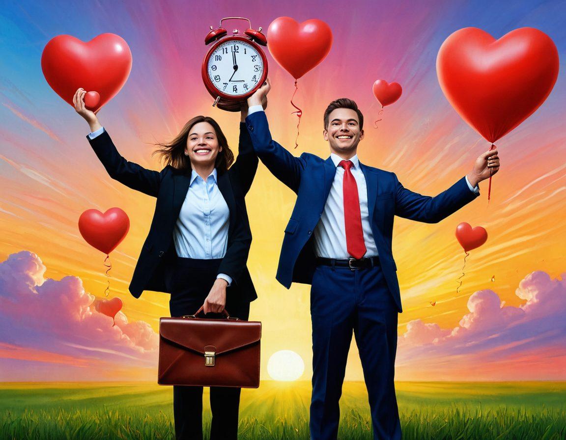 A harmonious scene showcasing a person juggling various symbols of career and personal life: a briefcase, a heart, a family photo, and a clock. In the background, a sunrise symbolizes new beginnings, while the foreground captures the individual smiling with a sense of fulfillment. The overall atmosphere should convey balance and joy in both professional achievements and personal connections. vibrant colors. serene atmosphere. digital painting.